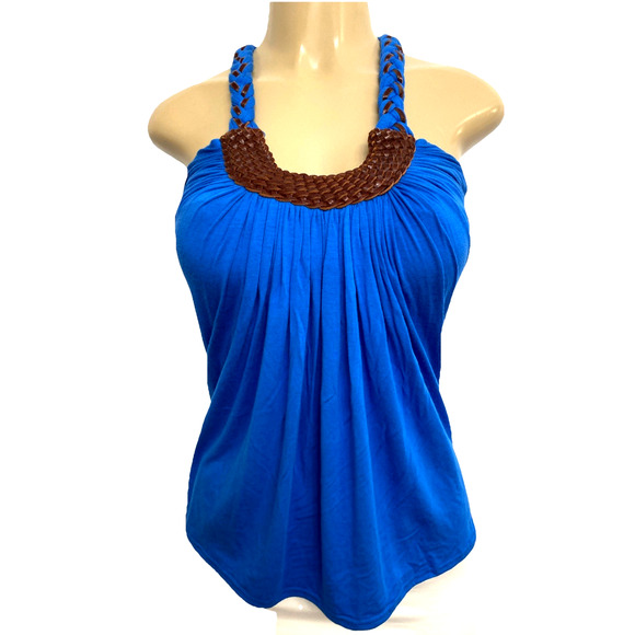 Sky Top Blouse Sleeveless Halter Neck Embellished Braided Royal Blue Shirt S - Picture 1 of 5